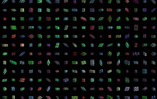 Illustration of new compounds being tested to illustrate the MatterGen diffusion model from Microsoft that uses AI to speed up materials discovery.
