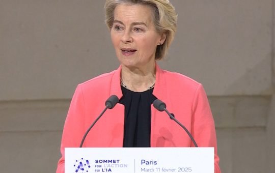 Photo of European Commission President Ursula von der Leyen at the AI Action Summit in Paris setting out how Europe plans to respond to the AI race including through gigafactories and the European Union AI Act while arguing for safety and reducing risks, arguing that ethical AI is a global responsibility.