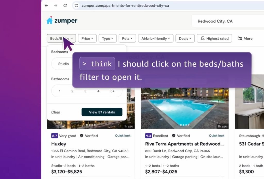 Screenshot of Amazon Nova Act in action, showing the advanced AI model engineered for smarter agents executing tasks within web browsers.