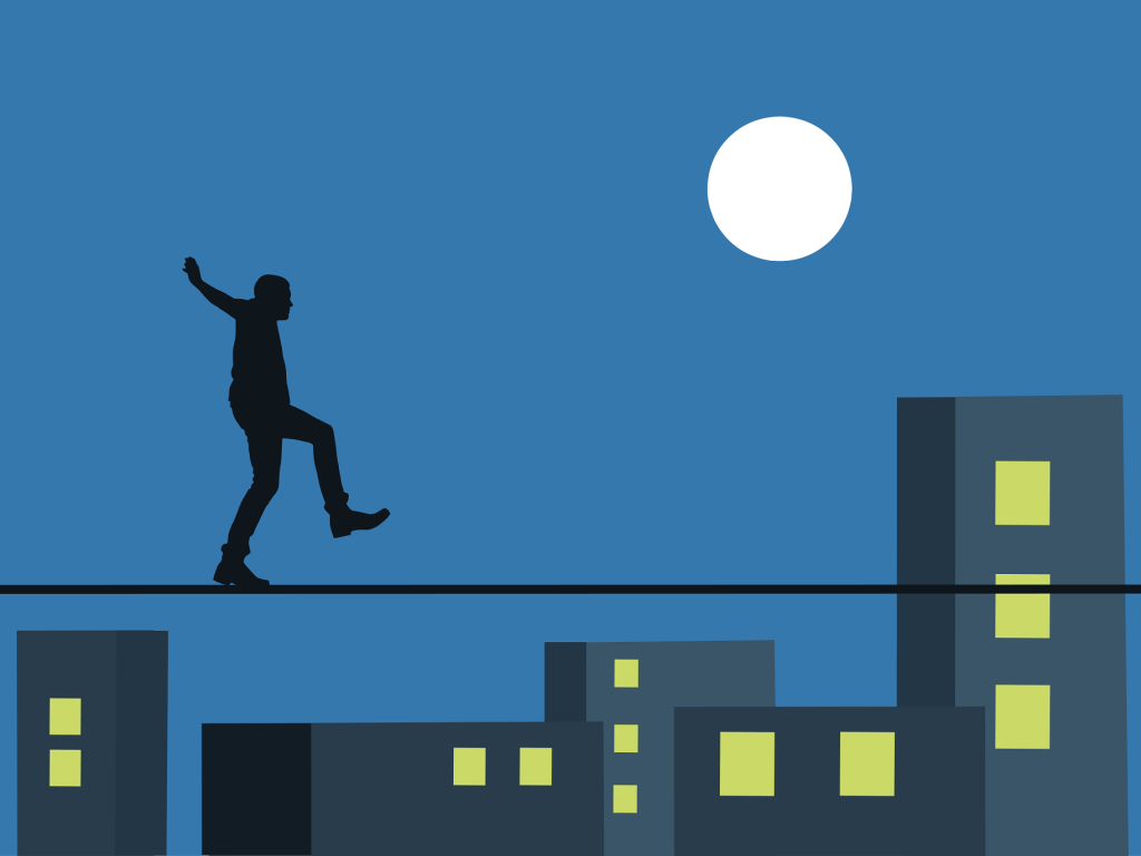 Person walking a tightrope as OpenAI CEO Sam Altman attempts to balance its nonprofit mission amid broader restructuring to attract the colossal funding needed for AGI development.